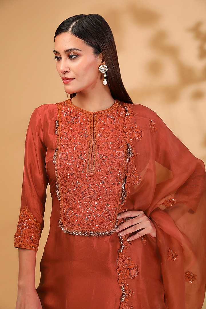 Deep Orange Silk Resham Embroidered Kurta Set by Prisho at Pernia's Pop Up Shop