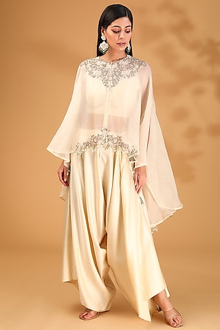 Ivory Organza Resham Embroidered Umbrella Cape Set by Prisho
