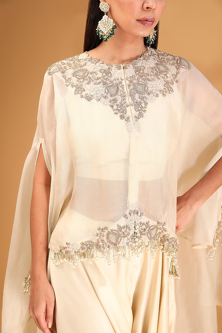 Ivory Organza Resham Embroidered Umbrella Cape Set by Prisho at Pernia's Pop Up Shop