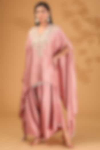 Deep Flamingo Pink Silk Dori Embroidered Kaftan Set by Prisho at Pernia's Pop Up Shop