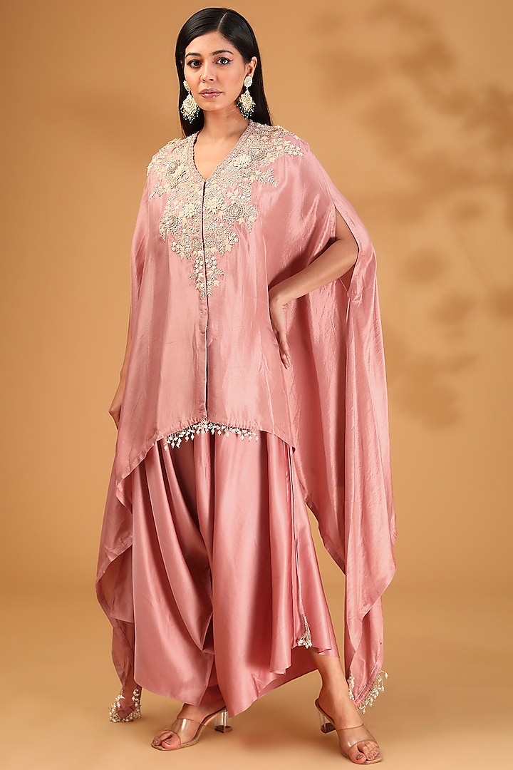 Deep Flamingo Pink Silk Dori Embroidered Kaftan Set by Prisho at Pernia's Pop Up Shop