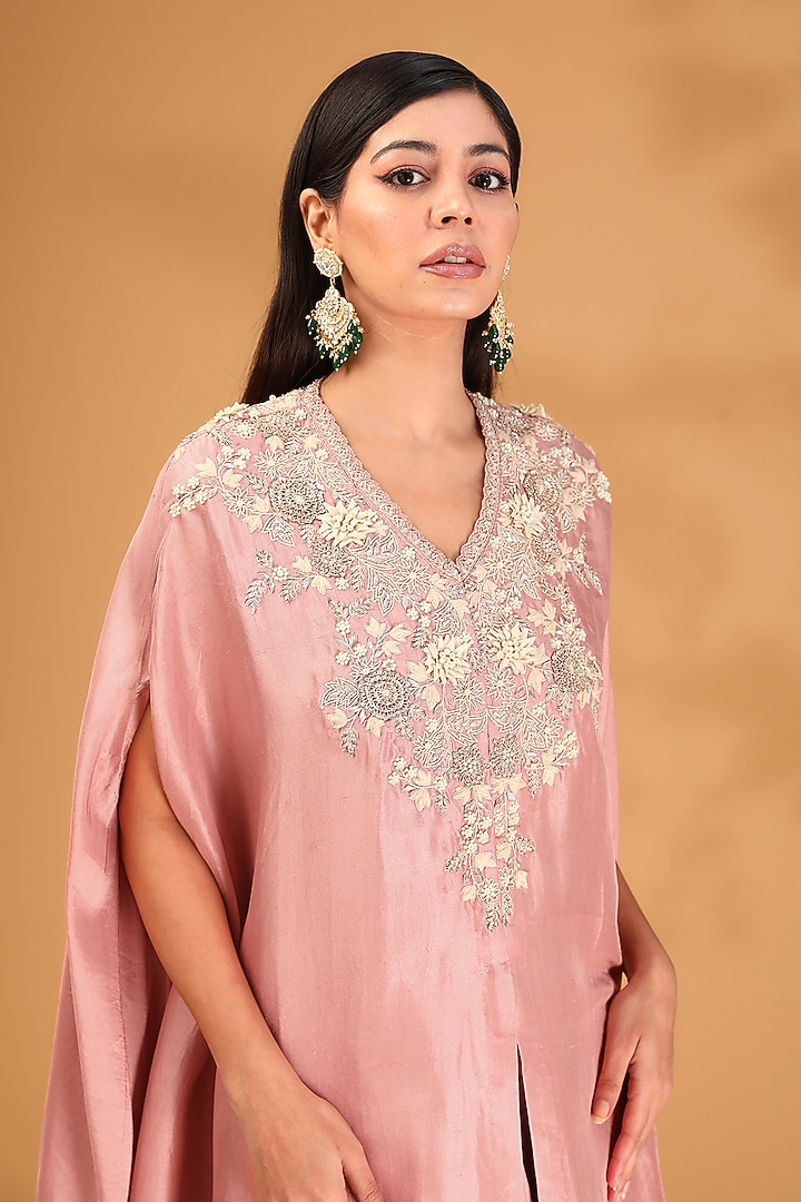 Deep Flamingo Pink Silk Dori Embroidered Kaftan Set by Prisho at Pernia's Pop Up Shop