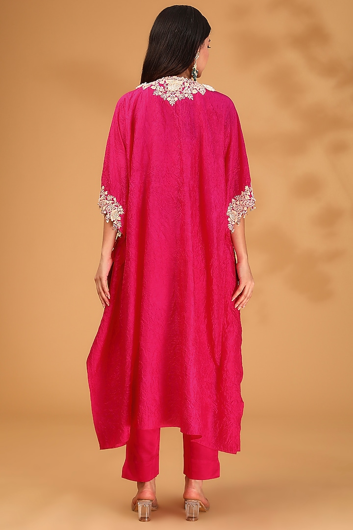 Fuchsia Silk Dori Embroidered Kaftan Set by Prisho at Pernia's Pop Up Shop