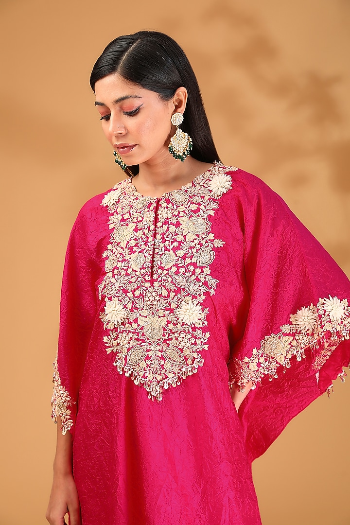 Fuchsia Silk Dori Embroidered Kaftan Set by Prisho at Pernia's Pop Up Shop