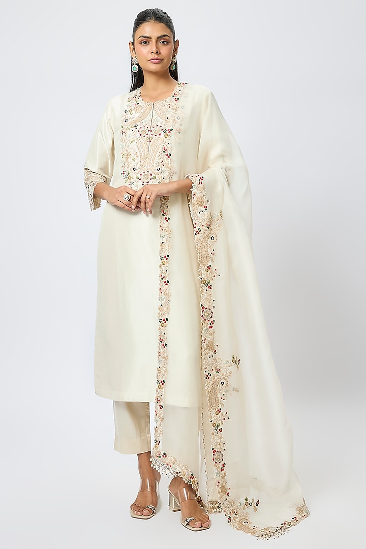 Ivory Silk Dori Work Kurta Set by Prisho at Pernia's Pop Up Shop