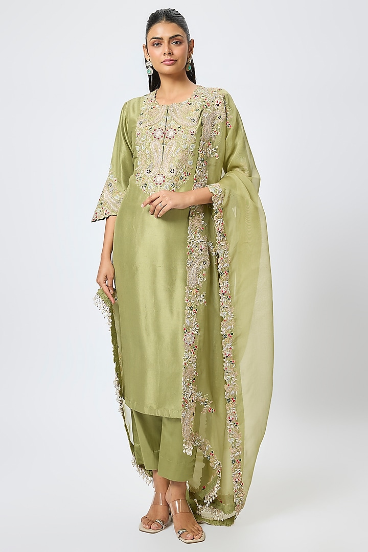 Sea Green Silk Dori Work Kurta Set by Prisho at Pernia's Pop Up Shop