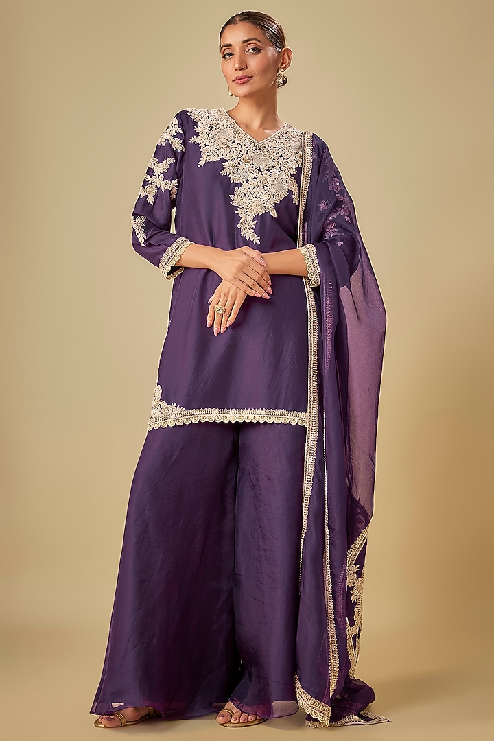 Dark Purple Silk Resham Work Kurta Set by Prisho at Pernia's Pop Up Shop