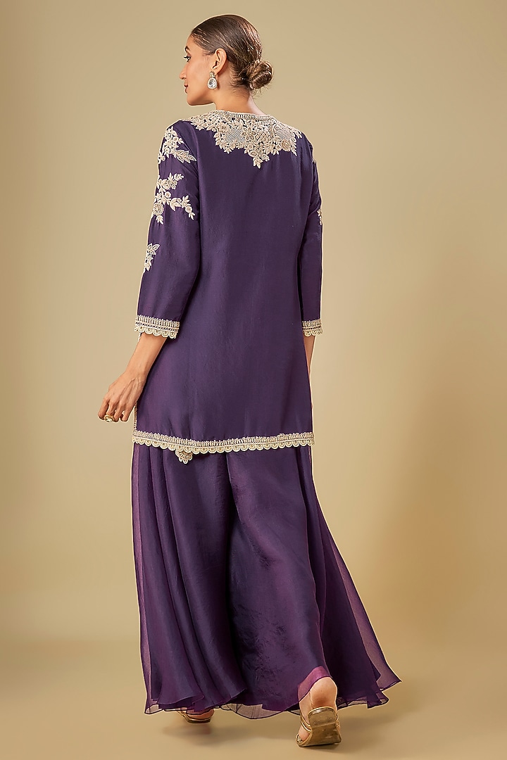 Dark Purple Silk Resham Work Kurta Set by Prisho at Pernia's Pop Up Shop