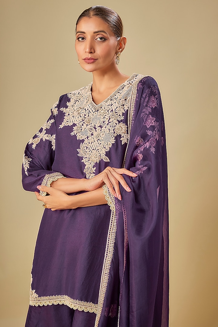 Dark Purple Silk Resham Work Kurta Set by Prisho at Pernia's Pop Up Shop