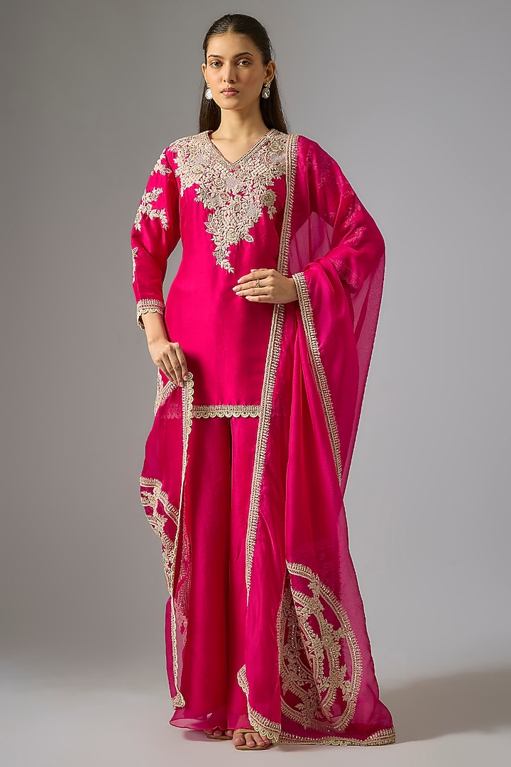 Fuchsia Pink Organza Wedding Sharara Set by Prisho at Pernia's Pop Up Shop