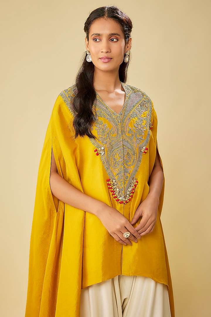 Mustard Silk Dori Work Kaftan Set by Prisho at Pernia's Pop Up Shop