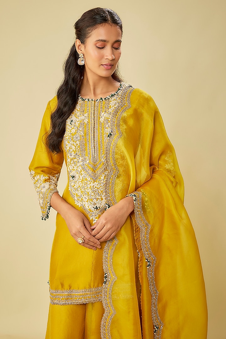 Mustard Silk Resham Work Kurta Set by Prisho at Pernia's Pop Up Shop