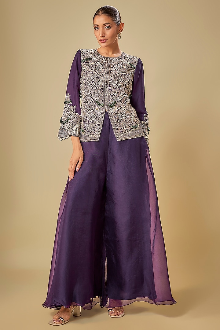 Dark Purple Silk Resham Work Jacket Set by Prisho at Pernia's Pop Up Shop