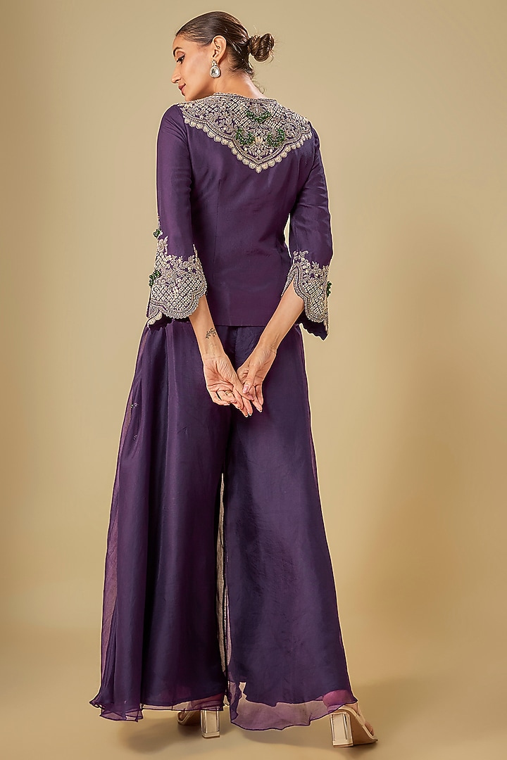 Dark Purple Silk Resham Work Jacket Set by Prisho at Pernia's Pop Up Shop