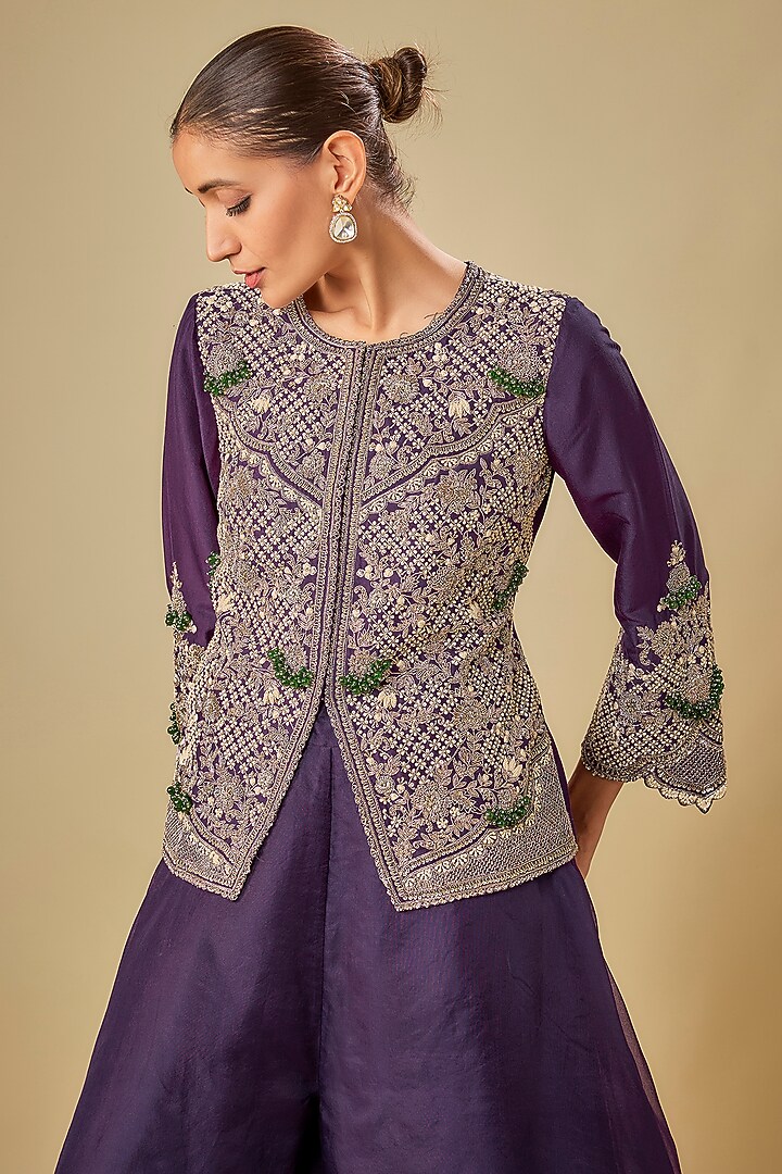 Dark Purple Silk Resham Work Jacket Set by Prisho at Pernia's Pop Up Shop