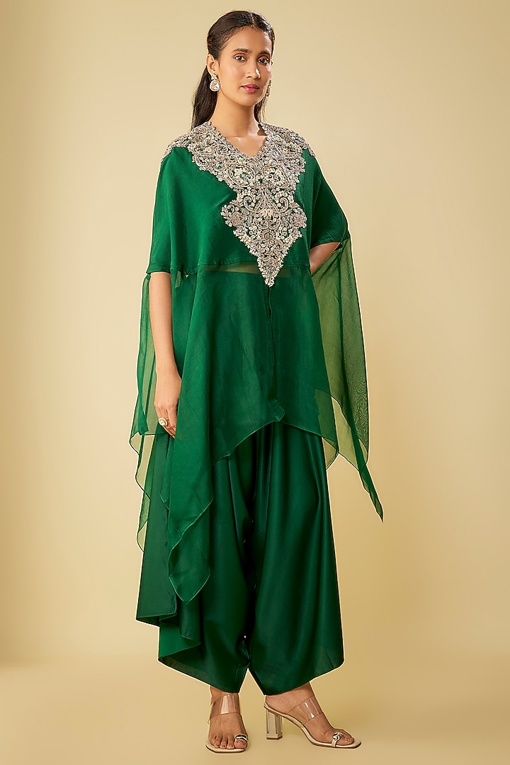 Bottle Green Silk & Organza Resham Work Kaftan Set by Prisho at Pernia's Pop Up Shop