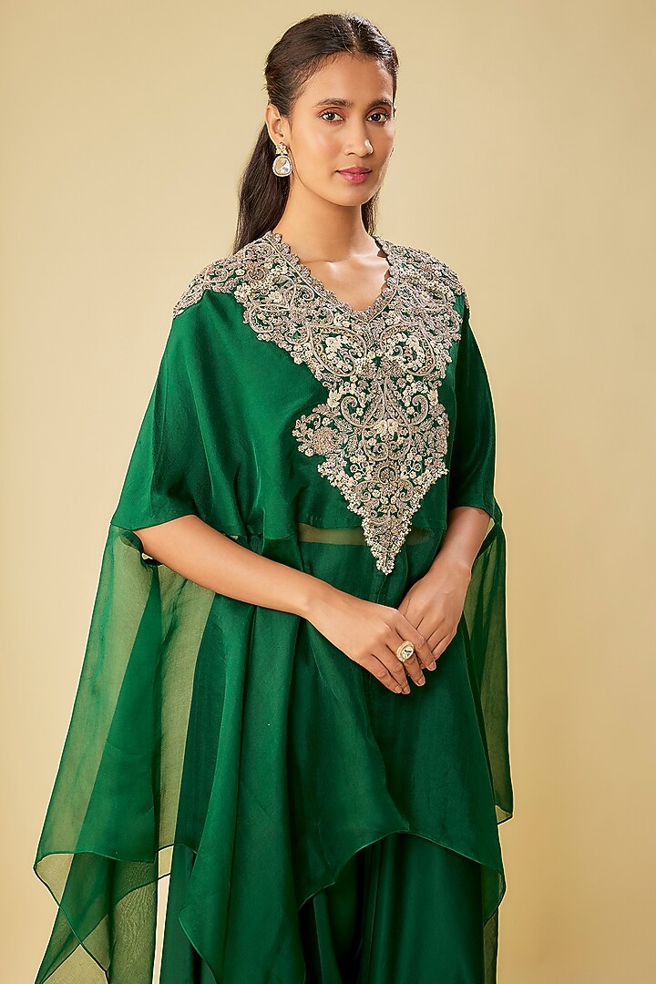 Bottle Green Silk & Organza Resham Work Kaftan Set by Prisho at Pernia's Pop Up Shop
