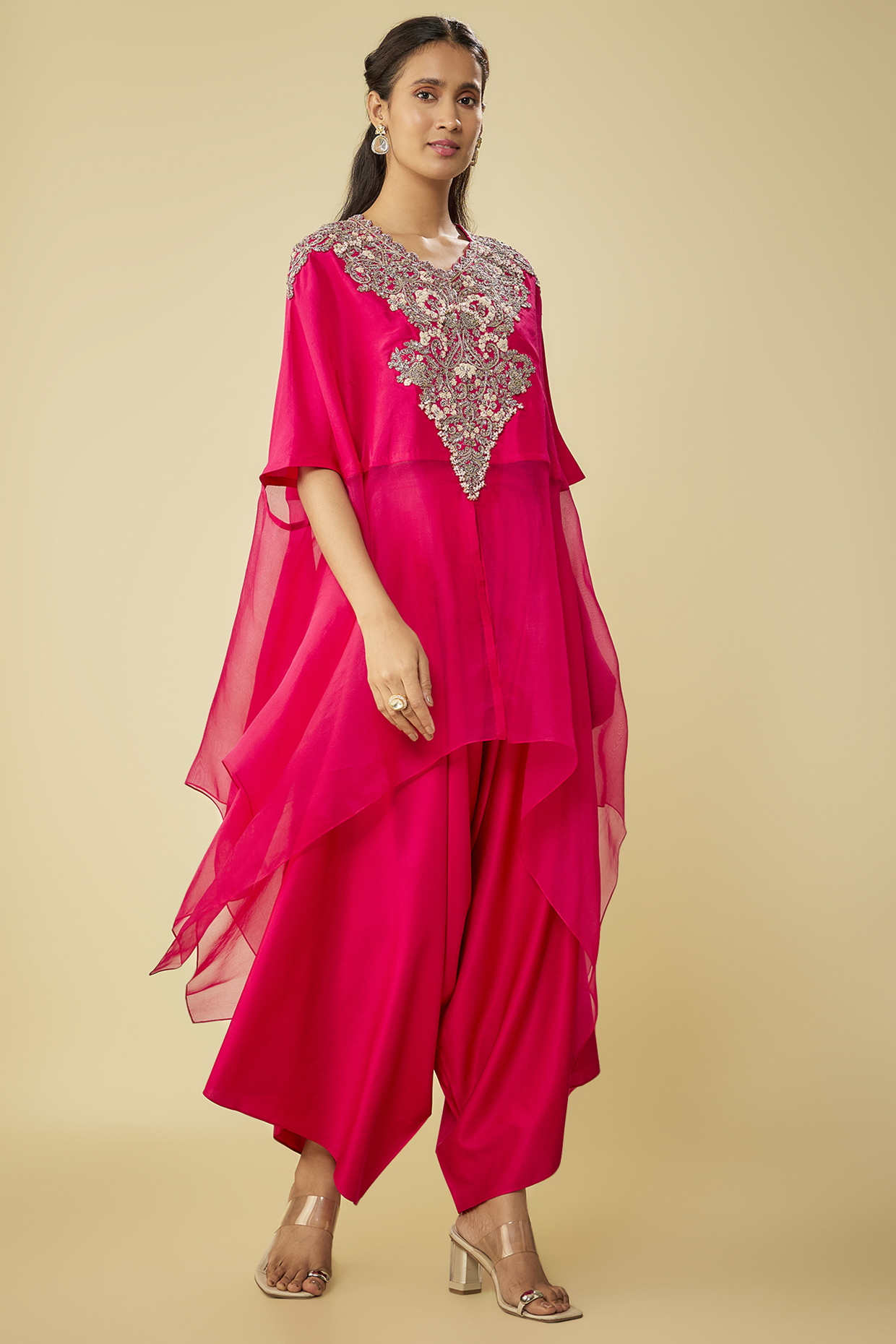 Fuchsia Silk & Organza Resham Work Kaftan Set by Prisho at Pernia's Pop Up Shop