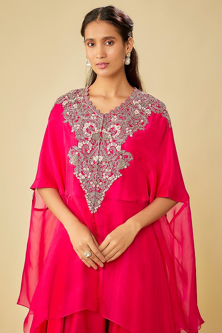 Fuchsia Silk & Organza Resham Work Kaftan Set by Prisho at Pernia's Pop Up Shop