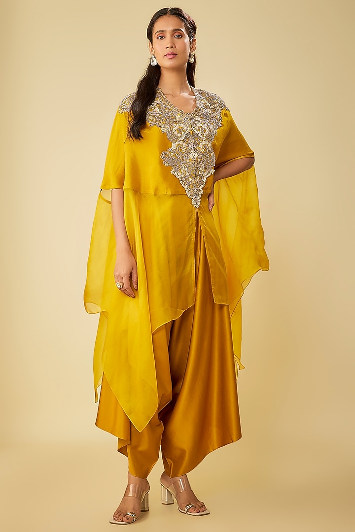 Mustard Silk & Organza Resham Work Kaftan Set by Prisho at Pernia's Pop Up Shop