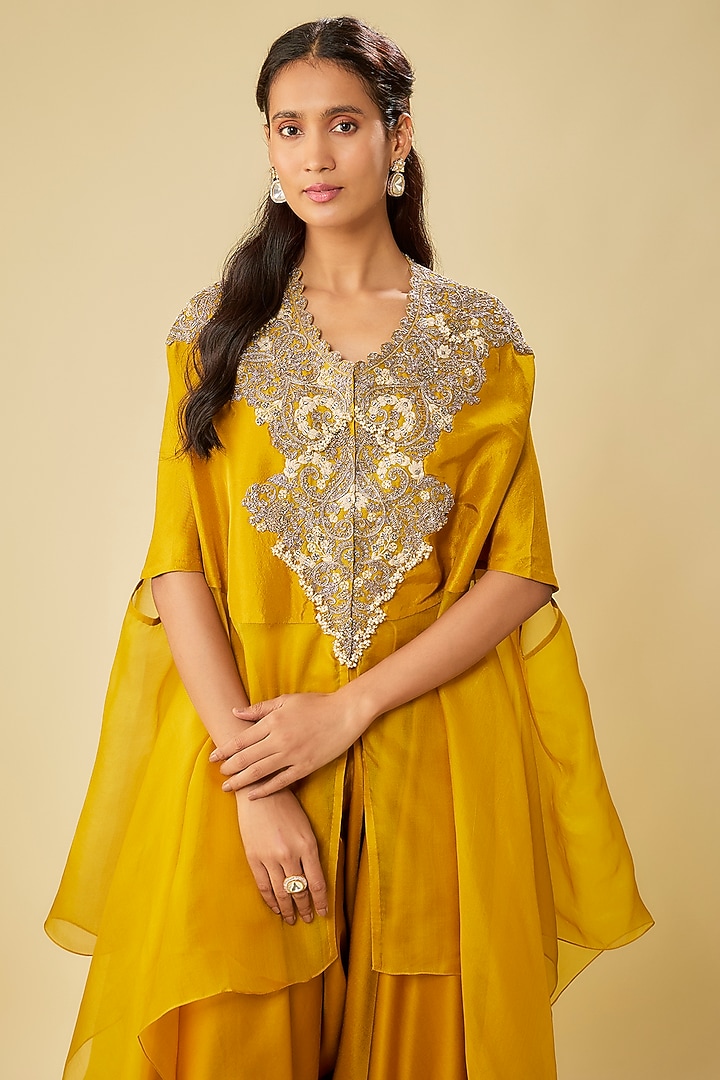 Mustard Silk & Organza Resham Work Kaftan Set by Prisho at Pernia's Pop Up Shop