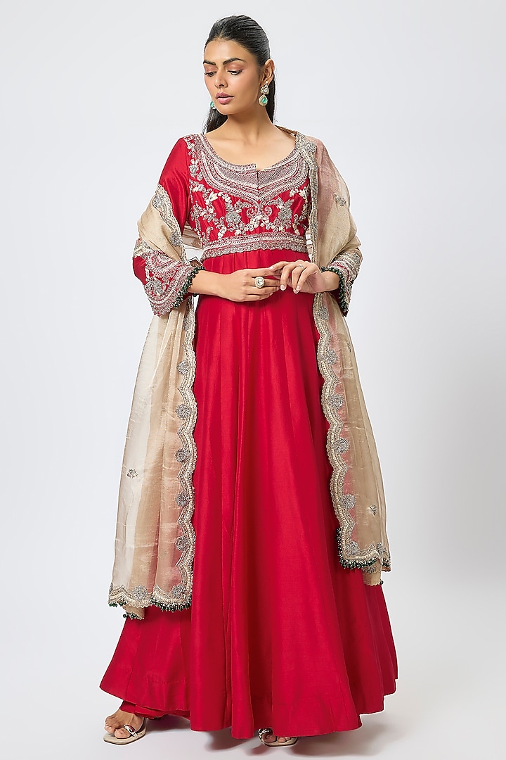 Red Silk Resham & Maal Work Wedding Anarkali Set by Prisho at Pernia's Pop Up Shop