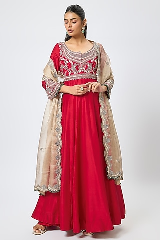 Red Silk Resham & Maal Work Anarkali Set by Prisho