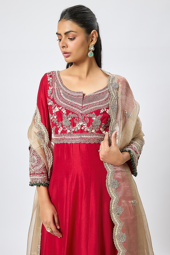 Red Silk Resham & Maal Work Bridal Anarkali Set by Prisho at Pernia's Pop Up Shop