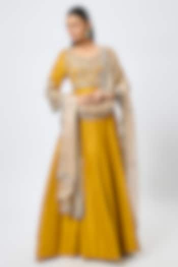 Mustard Silk Resham & Maal Work Wedding Anarkali Set by Prisho at Pernia's Pop Up Shop