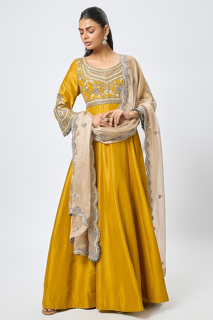 Mustard Silk Resham & Maal Work Wedding Anarkali Set by Prisho at Pernia's Pop Up Shop