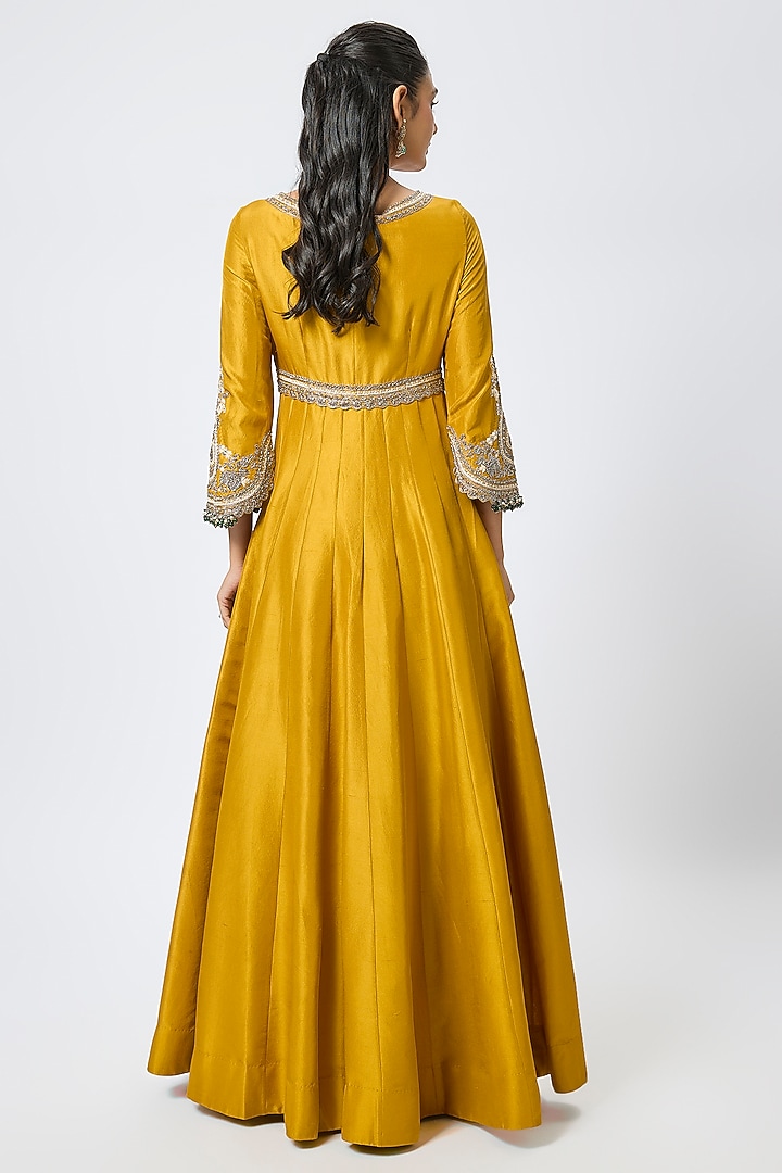 Mustard Silk Resham & Maal Work Bridal Anarkali Set by Prisho at Pernia's Pop Up Shop