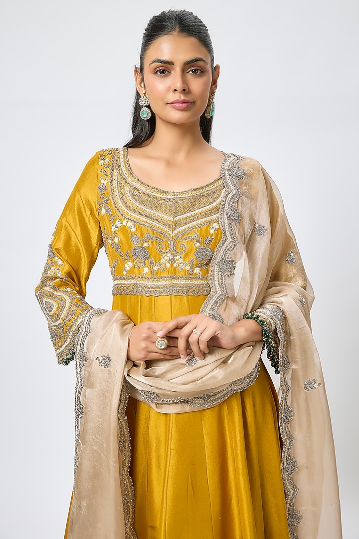 Mustard Silk Resham & Maal Work Bridal Anarkali Set by Prisho at Pernia's Pop Up Shop