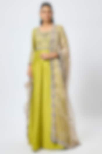 Lime Green Silk Resham & Maal Work Wedding Anarkali Set by Prisho at Pernia's Pop Up Shop