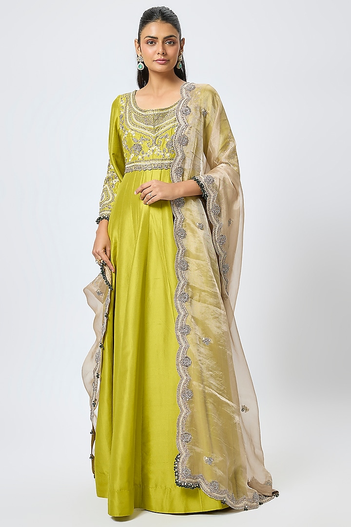 Lime Green Silk Resham & Maal Work Wedding Anarkali Set by Prisho at Pernia's Pop Up Shop