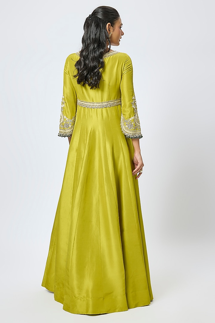 Lime Green Silk Resham & Maal Work Bridal Anarkali Set by Prisho at Pernia's Pop Up Shop