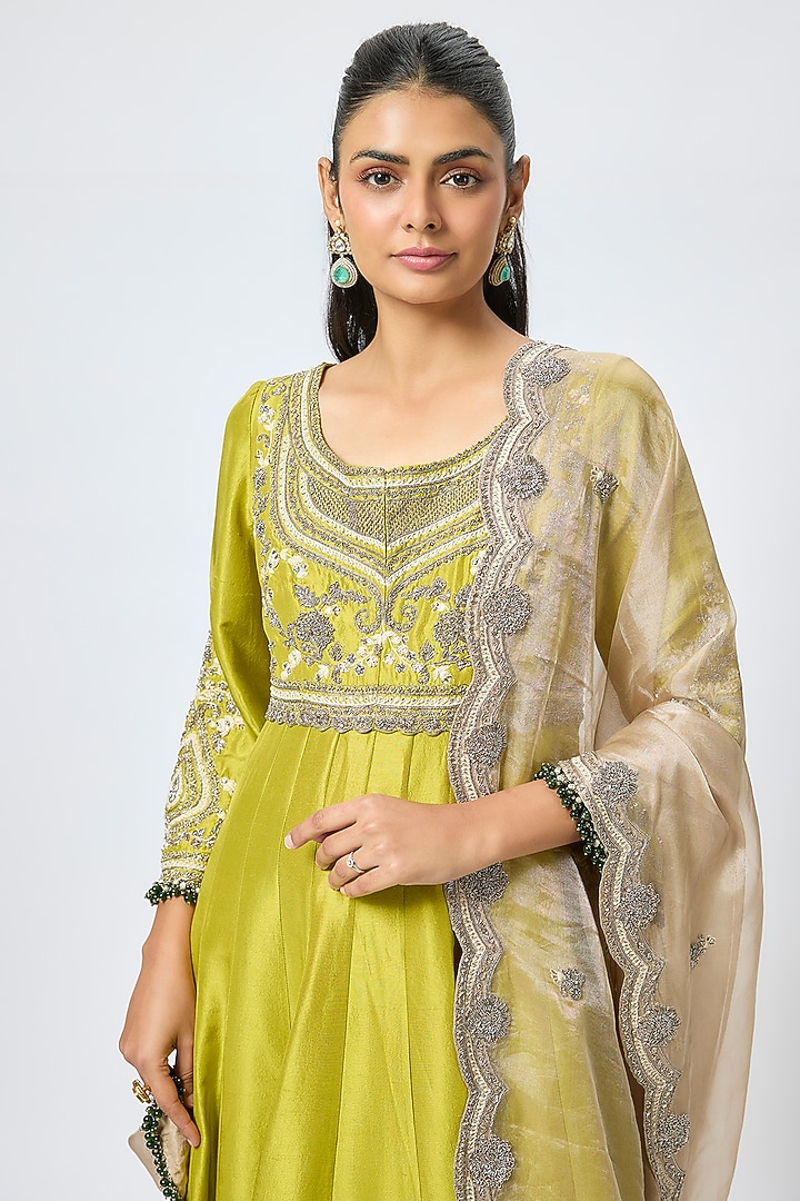 Lime Green Silk Resham & Maal Work Bridal Anarkali Set by Prisho at Pernia's Pop Up Shop