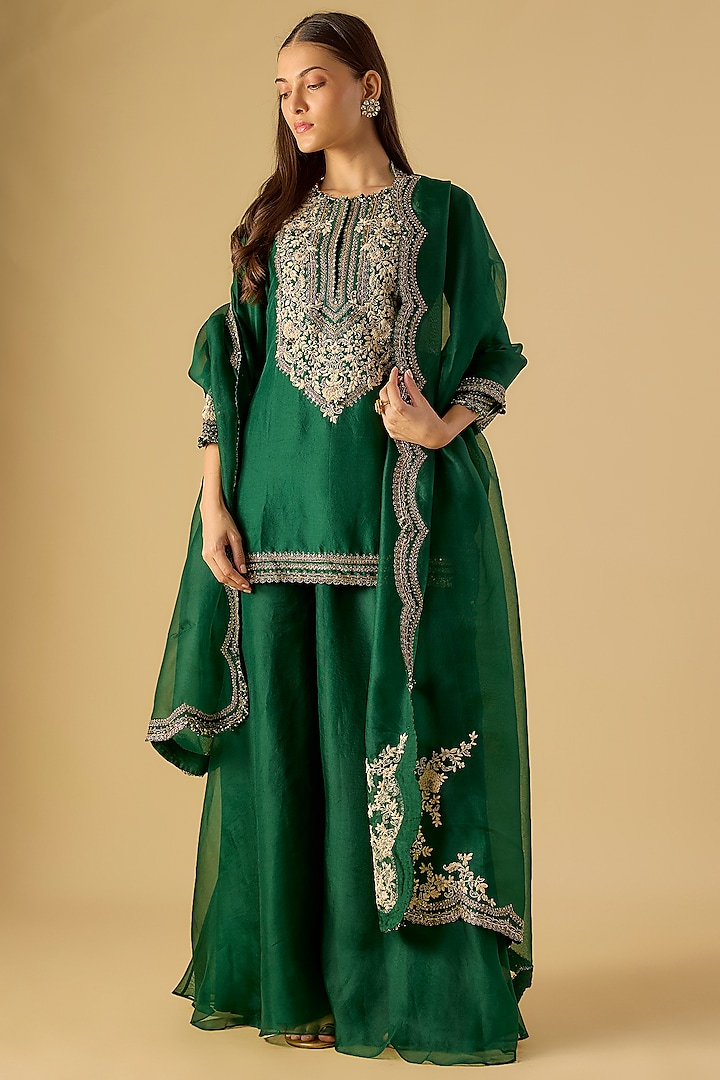 Bottle Green Organza Wedding Sharara Set by Prisho at Pernia's Pop Up Shop