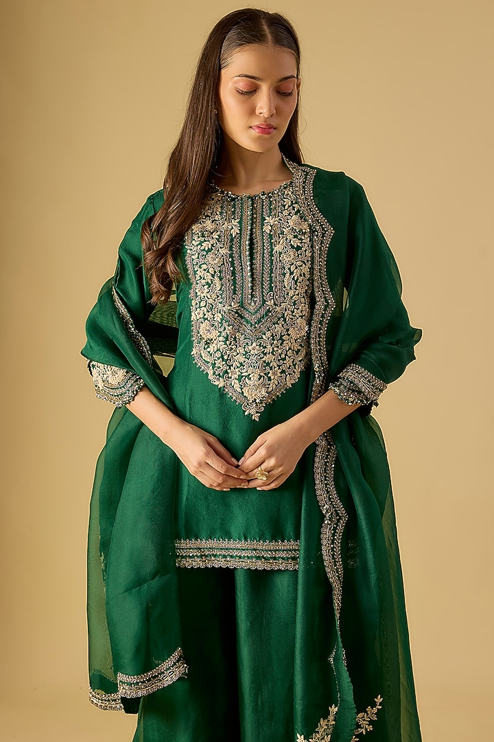 Bottle Green Organza Wedding Sharara Set by Prisho at Pernia's Pop Up Shop