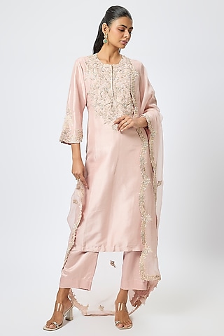 Pink Silk Resham Work Kurta Set by Prisho