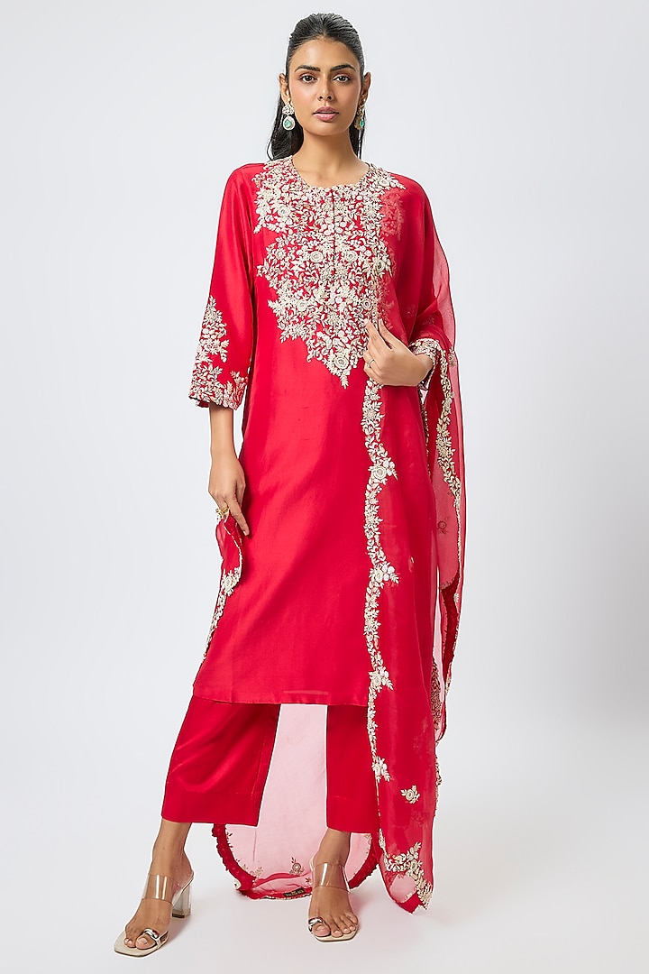 Red Silk Resham Work Kurta Set by Prisho at Pernia's Pop Up Shop