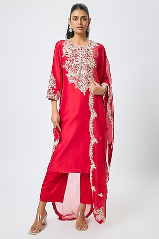 Red Silk Resham Work Kurta Set by Prisho
