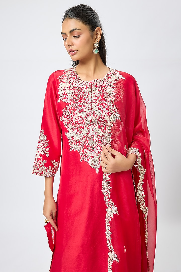 Red Silk Resham Work Kurta Set by Prisho at Pernia's Pop Up Shop