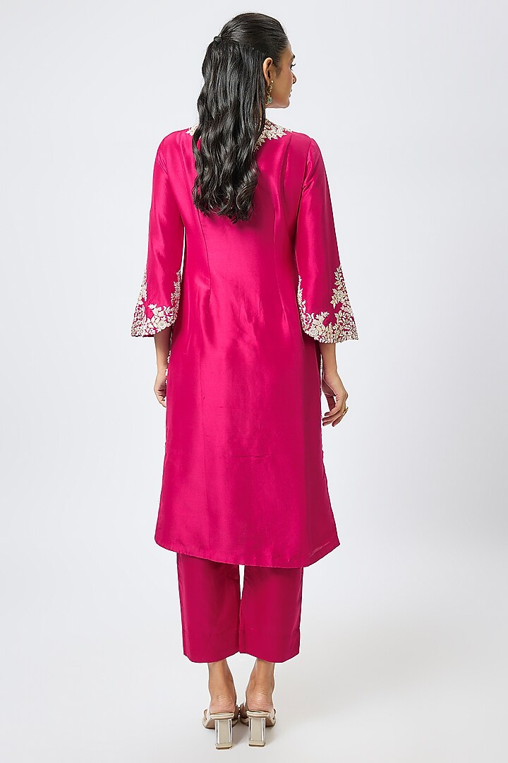 Fuchsia Silk Resham Work Kurta Set by Prisho at Pernia's Pop Up Shop