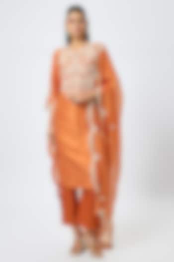 Rust Silk Resham Work Kurta Set by Prisho at Pernia's Pop Up Shop