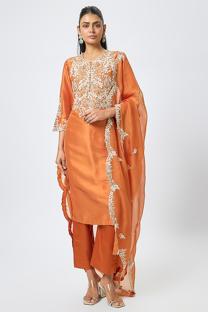 Rust Silk Resham Work Kurta Set by Prisho at Pernia's Pop Up Shop