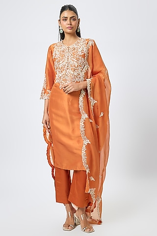 Rust Silk Resham Work Kurta Set by Prisho