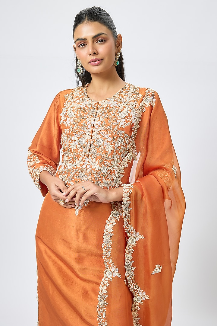 Rust Silk Resham Work Kurta Set by Prisho at Pernia's Pop Up Shop