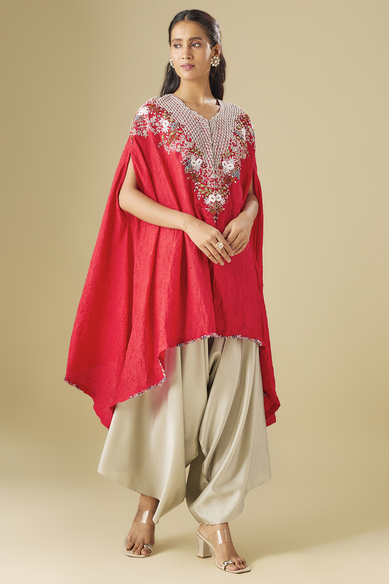 Red Crushed Silk Resham Work Kaftan Set by Prisho at Pernia's Pop Up Shop