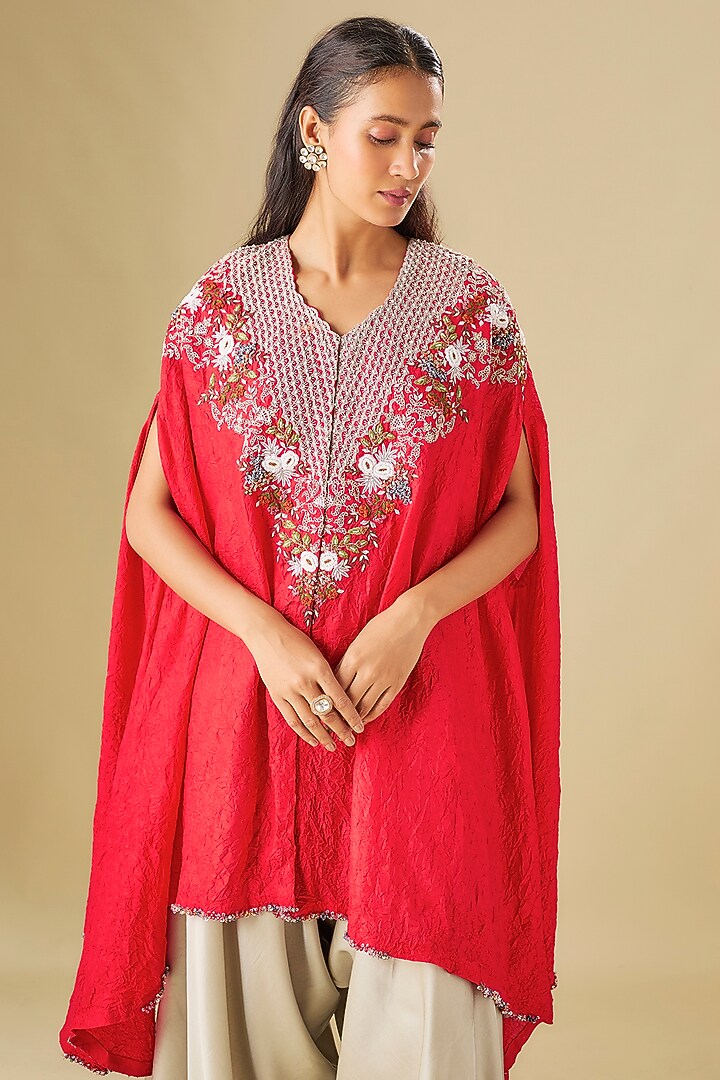 Red Crushed Silk Resham Work Kaftan Set by Prisho at Pernia's Pop Up Shop
