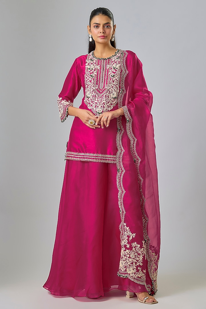 Fuchsia Pink Organza Wedding Sharara Set by Prisho at Pernia's Pop Up Shop